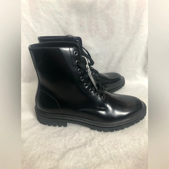 New! Express men’s Black patent Leather lace-up Combat Boots Size 9 - Picture 2 of 7